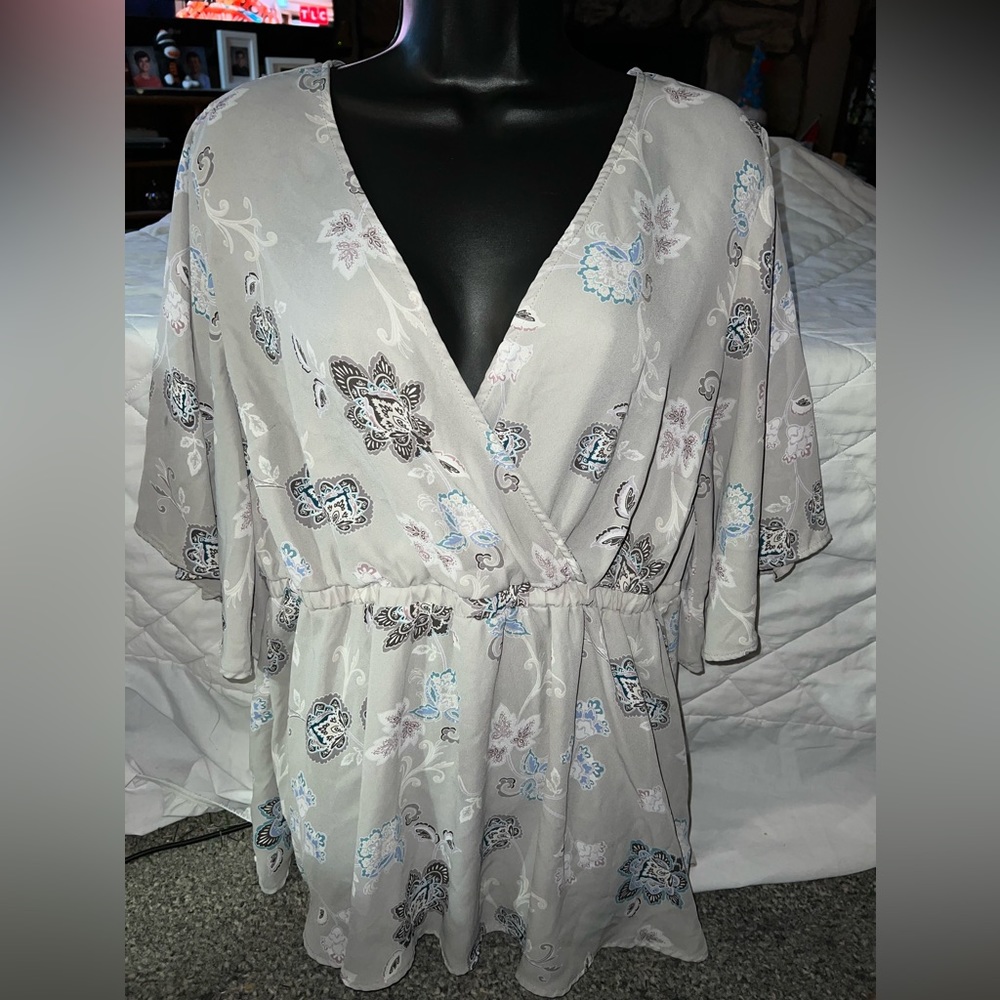 Torrid Grey Floral Georgette Faux Wrap Blouse